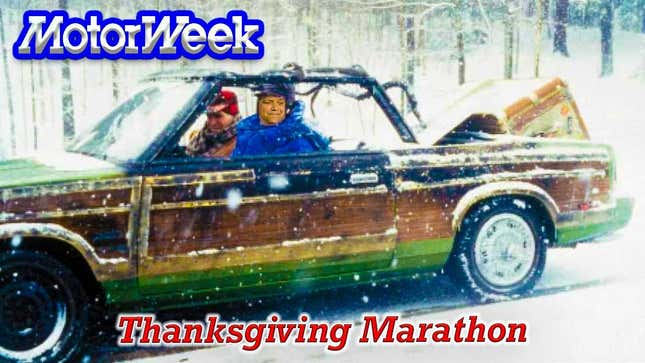 A Youtube Thumbnail for the motorweek thanksgiving marathon that shows a poorly photoshopped face of John Davis in the drivers seat of an old Chrysler woody convertible in the snow