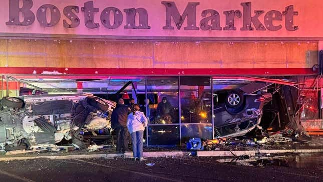 The crash scene at a shuttered Saugus Boston Market.